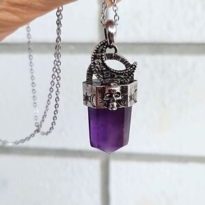 Antiqued Silver Skull Moon Celestial Natural Amethyst Pendant Necklace